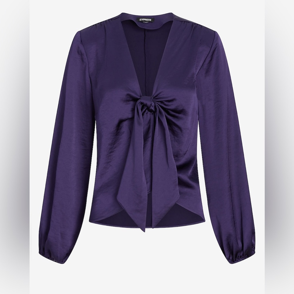 NWT Express tie front balloon sleeve v neck blouse violet purple Medium